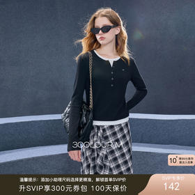 三彩2025秋季新款假两件T恤撞色拼接长袖上衣修身休闲M