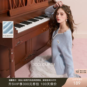 三彩2025冬季新款蕾丝花边V领针织衫开叉长袖套头上衣慵懒宽松M