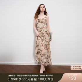 三彩2025秋季新款无袖印花雪纺裙吊带连衣裙A字荷叶边长裙M