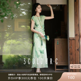 三彩【玉影浮翠】2025夏季新款新中式连衣裙假两件收腰A字裙长裙C