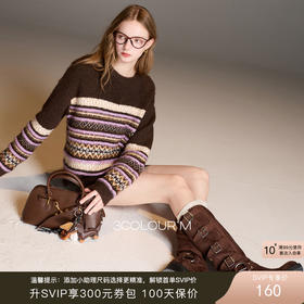 三彩2025冬季新款圆领针织衫条纹提花宽松长袖套头衫上衣复古M