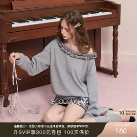 三彩2025冬季新款花边卫衣斜肩两穿套头宽松上衣休闲M