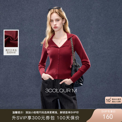 三彩2025秋季新款设计感翻领针织衫显瘦长袖修身毛衫上衣气质M 商品图0