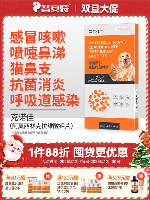 普安特阿莫西林克拉维酸钾片猫鼻支狗狗猫咪感冒药喷嚏咳消炎速克诺佳zx 商品图0