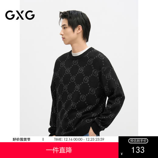 GXG男装 圆领套头老花针织衫黑色毛衣2024年冬季热卖#G24D204027 商品图0