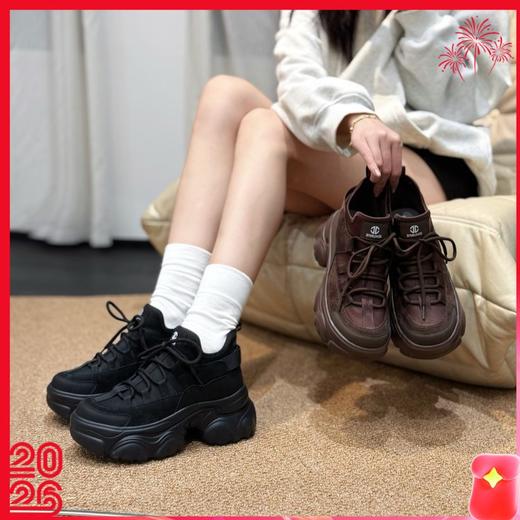 【JEHURFIE/纪华菲 专柜同款 拼接厚底老爹鞋】牛绒皮搭配定制莱卡弹力面料，质感高级且兼具舒适弹性 增高不增重 商品图0