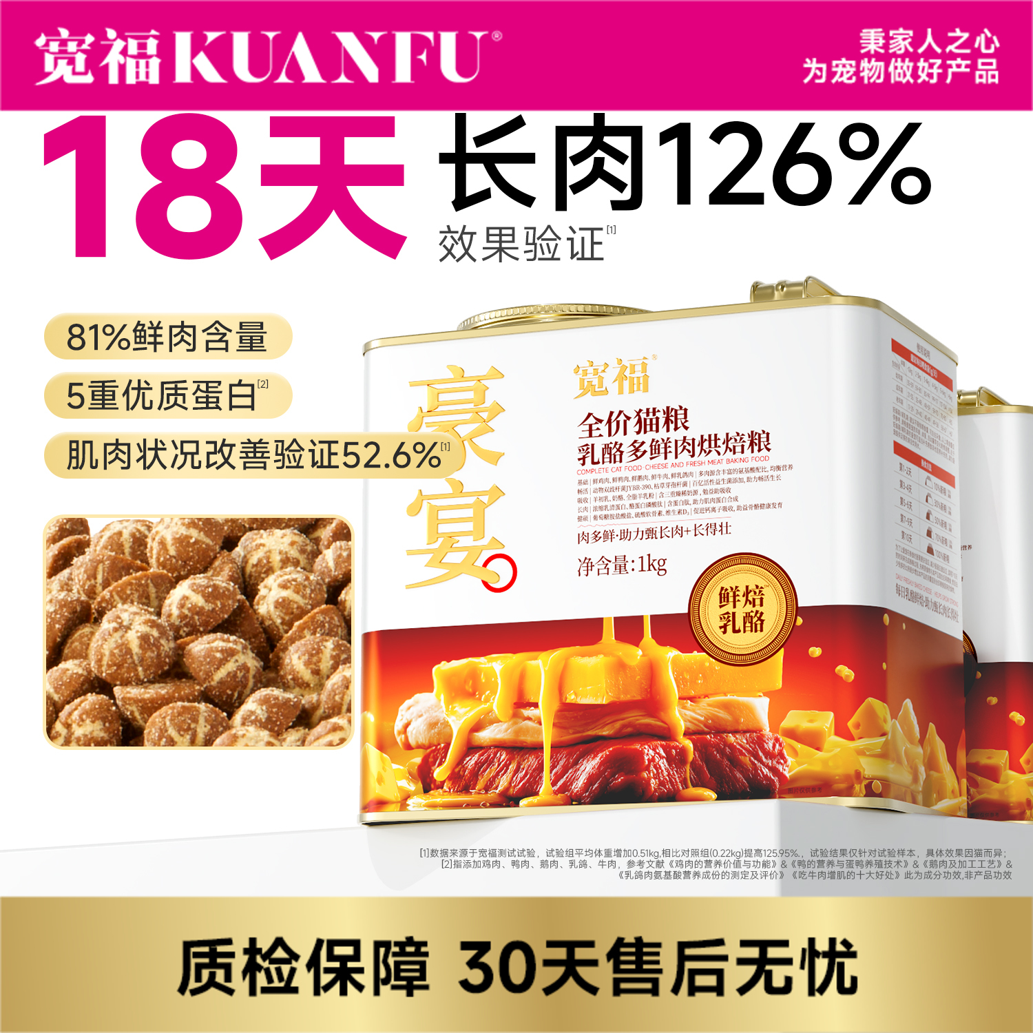 新品【豪宴-乳酪多鲜肉烘焙粮】 81%鲜肉含量 18天长肉126%  5种鲜肉 3重奶源 三维呵护骨骼健康