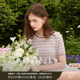 三彩2025夏季新款条纹针织衫圆领短袖毛衫套头衫短款简约M