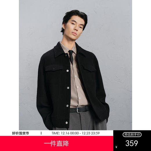 GXG男装 黑色肌理通勤短款大衣外套24冬季热卖气质大衣G24X064008 商品图0