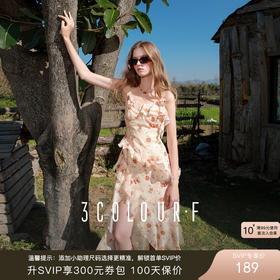 三彩独醒2025秋季新款碎花印花吊带连衣裙法式开叉荷叶边长裙F