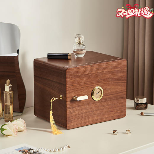 初心 带锁湿度计胡桃木纹首饰盒 可监测湿度多层大容量饰品收纳盒 商品图0