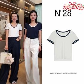 【破价】N°28 2025夏季新款设计师百搭女士圆领拼色休闲短袖撞色T恤 895251T517