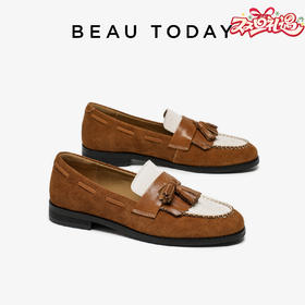BeauToday 棕白拼色流苏乐福鞋 牛绒牛皮平底单鞋26312