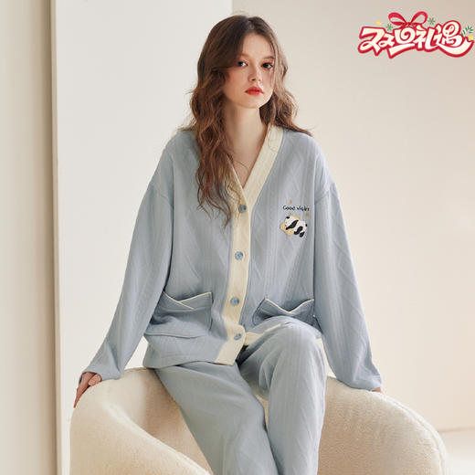 芬腾【空气棉夹层】女士睡衣纯棉V领长袖秋冬季休闲舒适家居服套装 商品图0