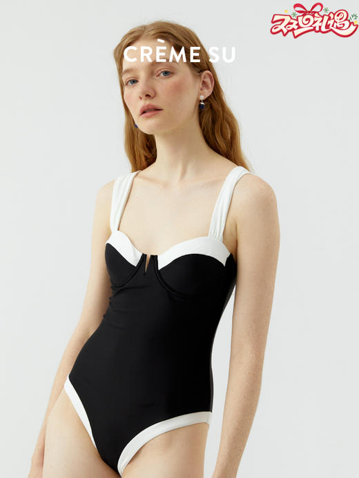 【赫本复古】CremeSu海滨假期系列复古连体泳衣女撞色性感泳衣显瘦温泉 商品图0