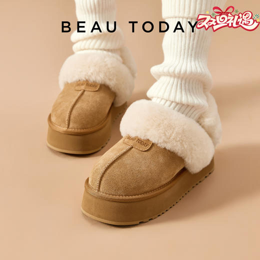 BeauToday 厚底雪地靴羊毛半拖女冬季毛毛拖鞋37068 商品图0