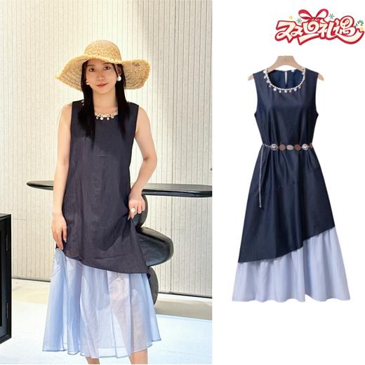 NORNS LADY诺恩 2025法式气质拼接连衣裙优雅设计显瘦长裙无袖背心裙夏季假两件裙子【赠腰带】QMYLMS2795 商品图0