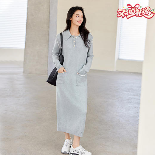 IC  POLO领针织贝壳刺绣设计连衣裙女新款秋气质通勤长裙 商品图0