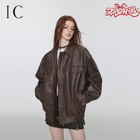 IC 美拉德柳钉短外套上衣秋冬新款美式复古皮衣女短款皮夹克