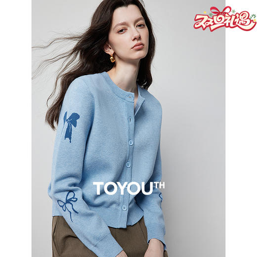 初语 秋冬蝴蝶结提花针织衫女圆领气质上衣毛开衫 商品图0