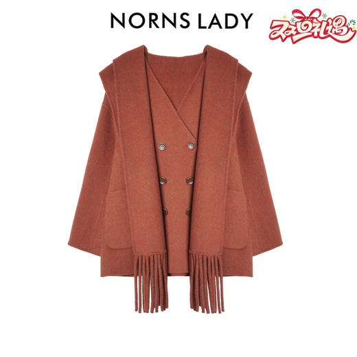 NORNS LADY诺恩 羊毛混纺V领毛呢大衣女复古围巾外套 T25WA37873 商品图0