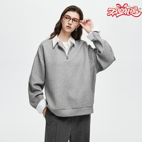 初棉 25秋冬假两件拼接衬衫领宽松卫衣长袖上衣