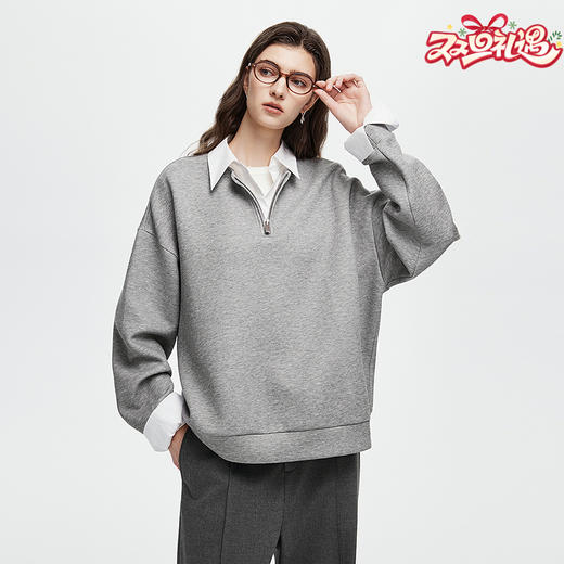 初棉 25秋冬假两件拼接衬衫领宽松卫衣长袖上衣 商品图0