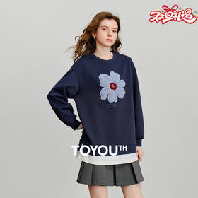 初语 新款棉质卫衣女 宽松撞色拼接假两件长袖秋冬毛绒花朵上衣