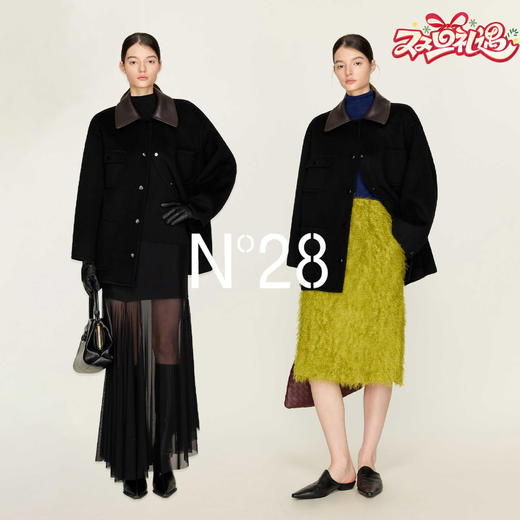 N°28 山羊绒拼接皮领宽松呢子大衣8855A1D726  商品图0