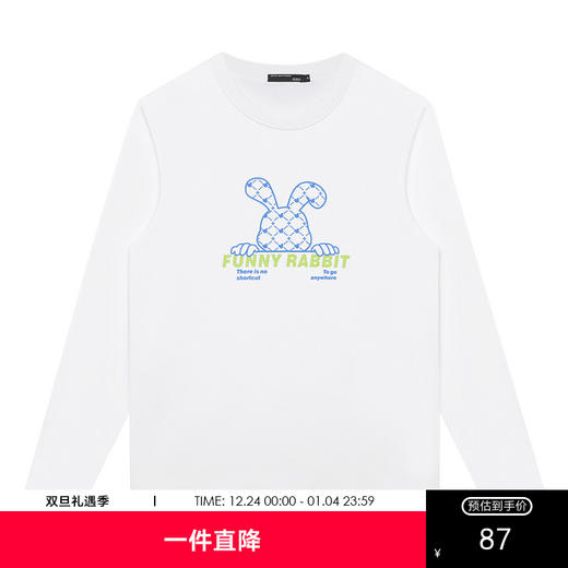 GXG男装【纯棉】秋季卡通兔子印花男女同款百搭圆领长袖T恤K&C 商品图0