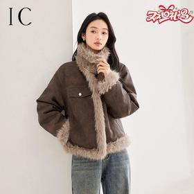 IC 复古做旧宽松毛毛短外套冬新款皮草皮毛一体机车服女