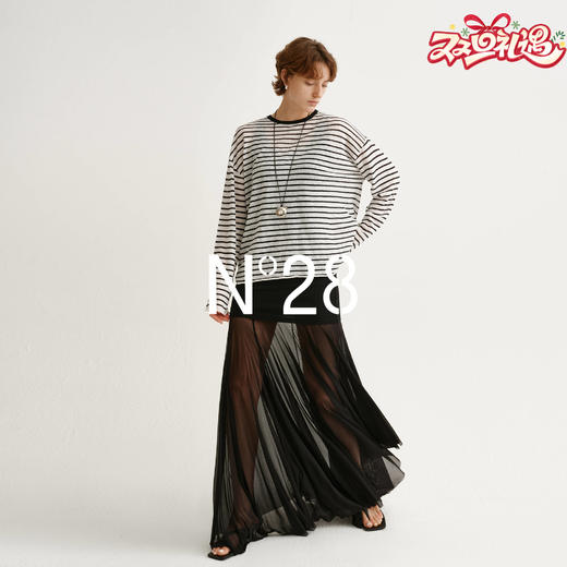 N°28 经典撞色条纹圆领长袖慵懒风亚麻上衣895371T535  商品图0