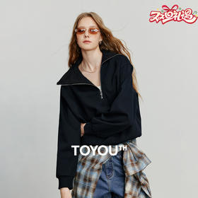 初语 2025新款卫衣女 不对称拉链大翻领长袖时髦拼接设计感潮酷上衣