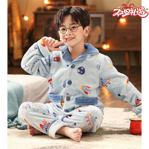 芬腾 男童睡衣加绒加厚保暖男孩小童儿童中大童卡通宝宝家居服套装 商品图0