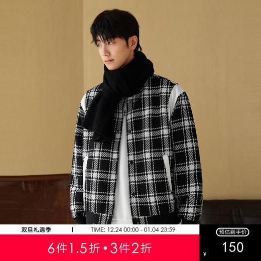 gxgjeans男装冬季黑白格子夹克棒球服保暖夹棉夹克外套男棉服 商品图0