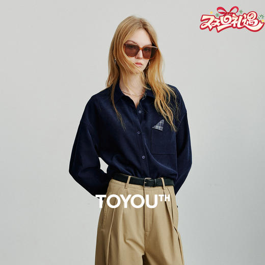 初语 春秋款巴恩风衬衫女 拼接格纹翻袖磨毛衬衣外套上衣 商品图0