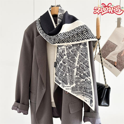 阿毣毣 老钱风高级围巾冬季新款双面层真丝羊毛百搭保暖丝巾 商品图0