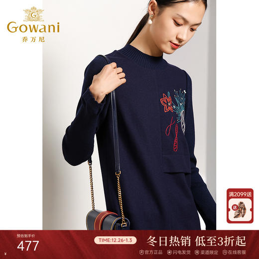 乔万尼羊毛连衣裙秋季半高领绣花直筒长袖打底裙中长EN3E372 商品图0