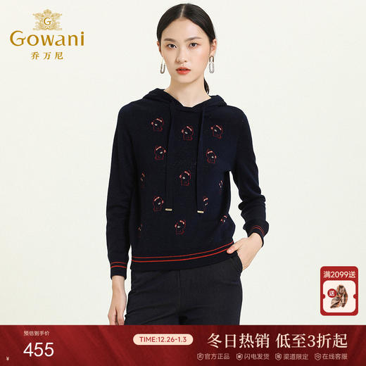 乔万尼秋冬新款设计感弹力面料舒适运动风趣味连帽针织卫衣ES4M412 商品图0