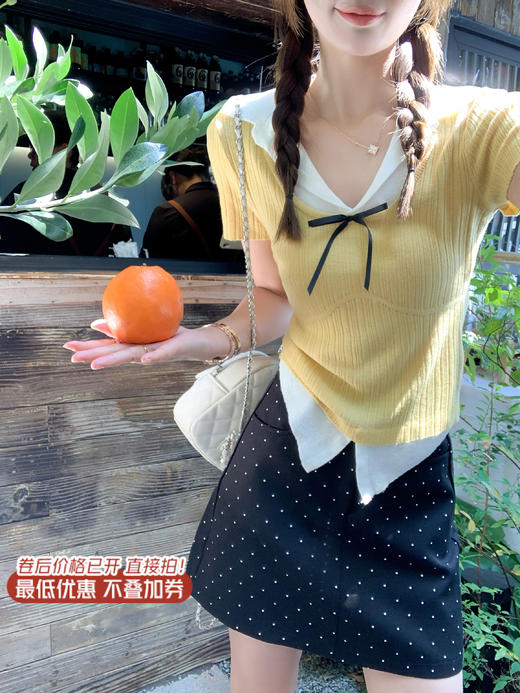 【110元任选2件】最后一波现货！2色翻领修身甜美气质针织短袖 商品图1