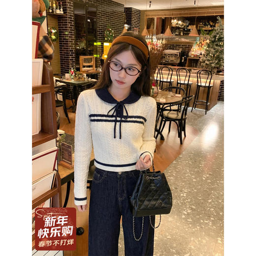 <曾小咸推荐>2.26现货秒杀 ！微信超特价！韩系杏色娃娃领短款针织衫 日常219.99 立减130 秒杀89.99！ 商品图1