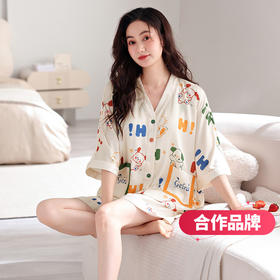 芬腾女士睡衣夏季冰丝短袖V领带胸垫套装薄款女款休闲大码家居服