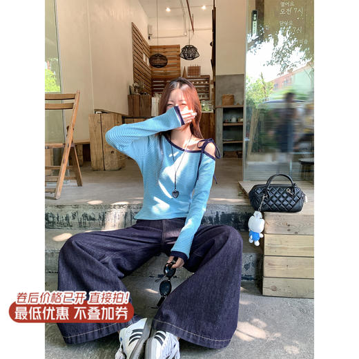 【129元任选2件】现货！蓝色条纹斜肩系带长袖T恤 商品图0