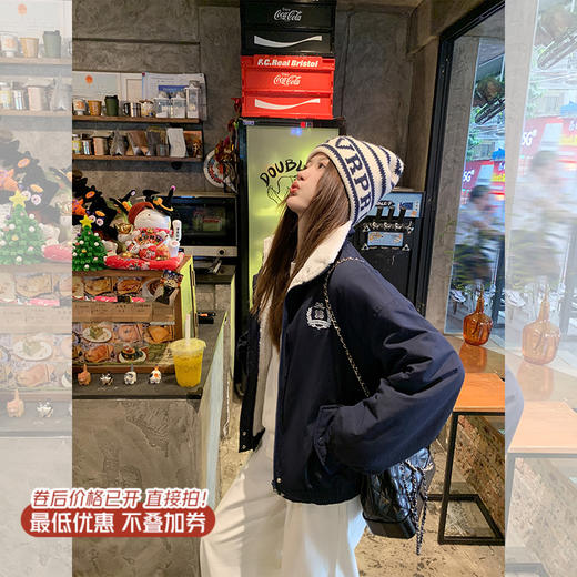<曾小咸推荐>学院风藏蓝色加绒宽松夹克外套 日常299.99 立减140 秒杀159.99！！ 商品图0