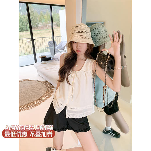 <曾小咸推荐>3.27现货秒杀！微信超特价！杏色蕾丝边无袖娃娃衫衬衫 日常159.99 立减80 秒杀79.99！黑色短裤 日常139.99 立减70 秒杀69.99！ 商品图4