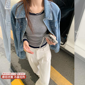 【129元任选2件】现货！撞色条纹设计感抽绳收腰针织上衣