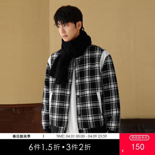 gxgjeans男装冬季黑白格子夹克棒球服保暖夹棉夹克外套男棉服 商品图0