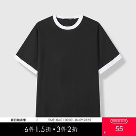 GXG男装夏季新款经典黑白撞色袖口休闲百搭情侣款圆领短袖T恤K&C