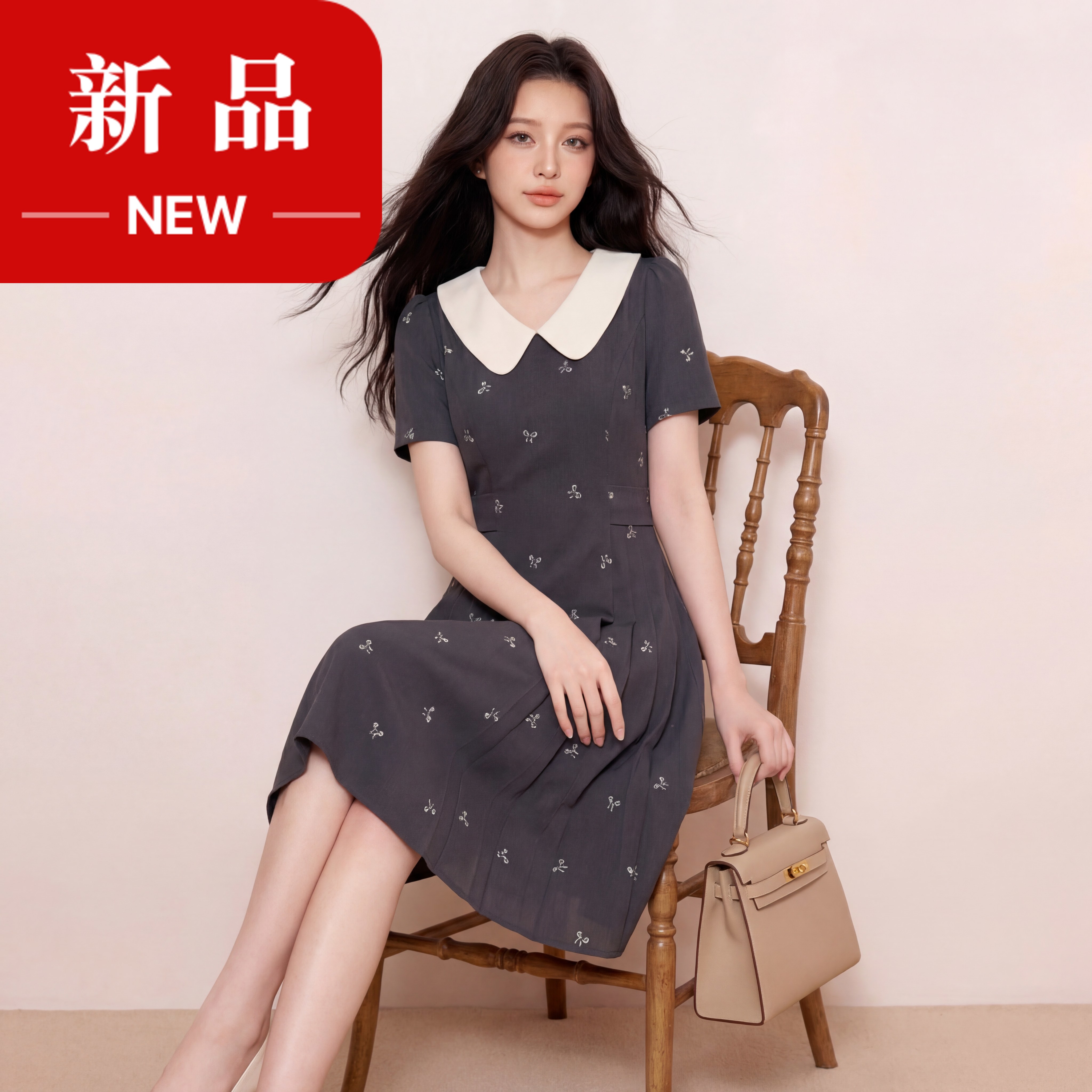 奢姿大码女装2026夏季蝴蝶结减龄娃娃领连衣裙胖妹妹轻奢时尚裙子3262803822