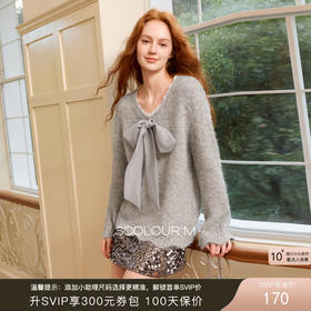 三彩2025冬季新款复古甜美蝴蝶结针织衫宽松花边v领毛衫休闲M